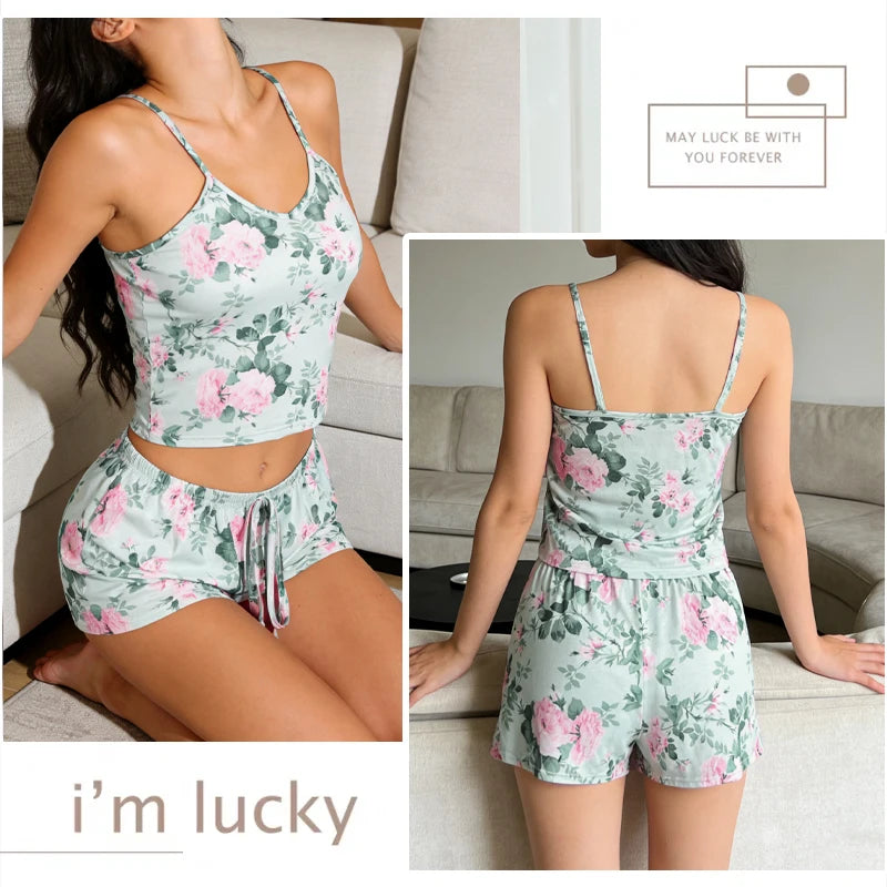 Printed Cami Pajama Set Sleeveless Top and Shorts Sleepwear