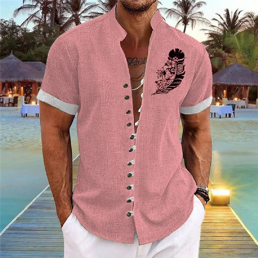 Men Linen Shirt Short Sleeve Retro Ethnic Print Shirt