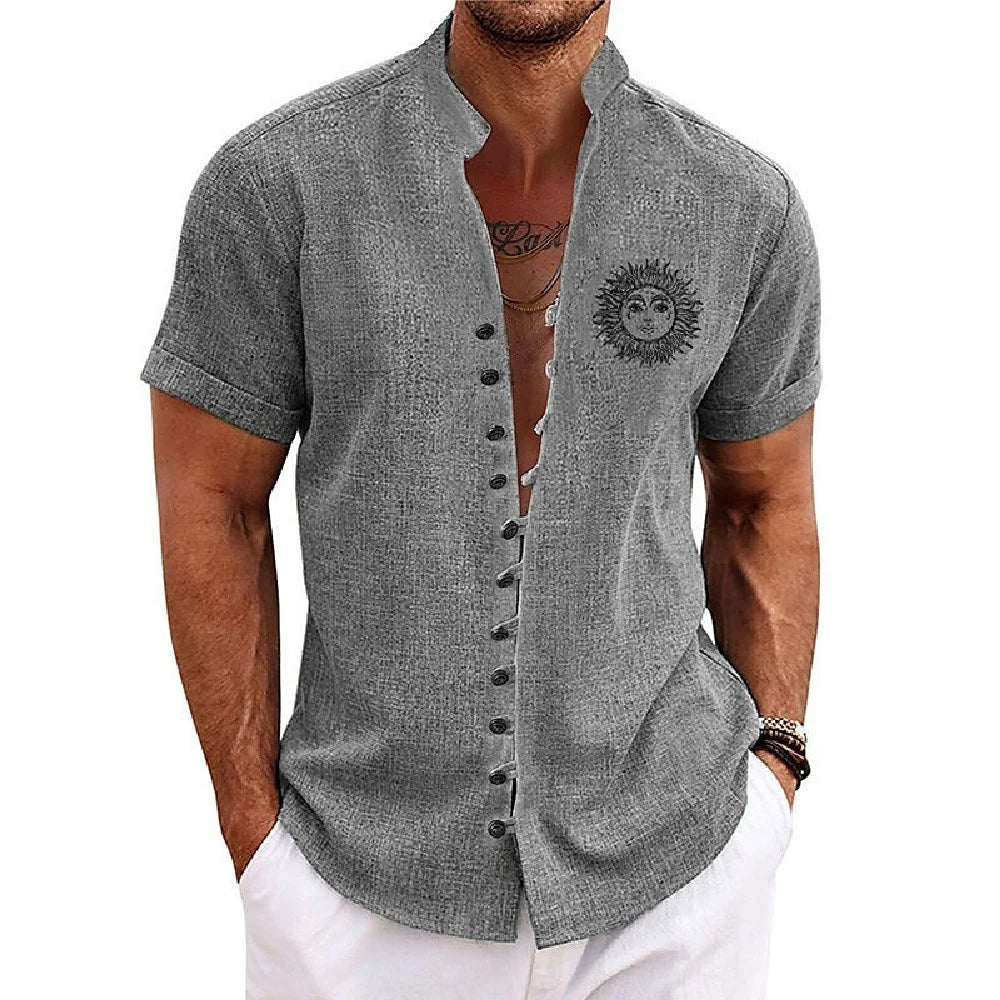 Men Linen Shirt Short Sleeve Retro Ethnic Print Shirt