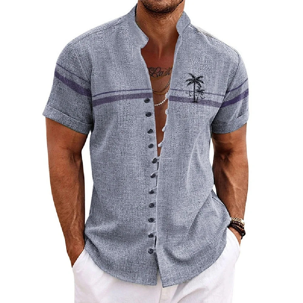 Men Linen Shirt Short Sleeve Retro Ethnic Print Shirt
