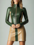 PU Leather Dress High Neck Zipper Bodycon Mini Dress