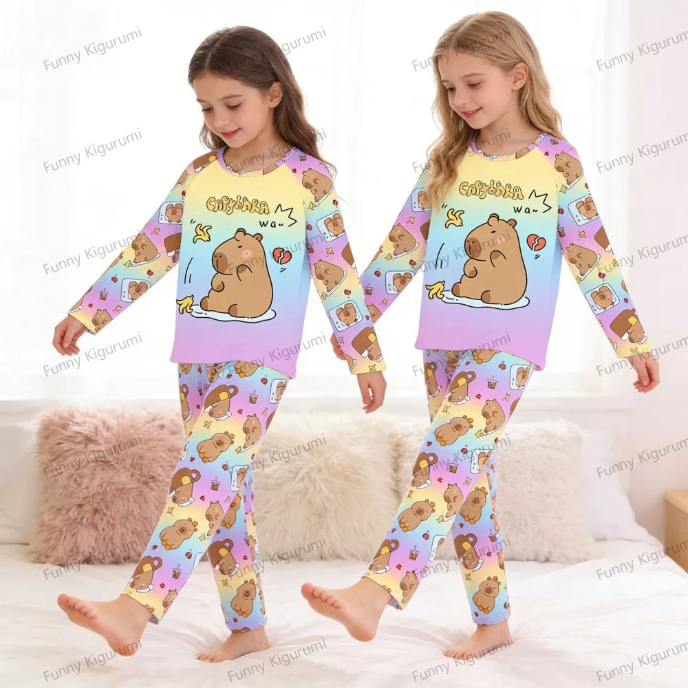 Kids Cartoon Pajama Set Capibara Long Sleeve Sleepwear