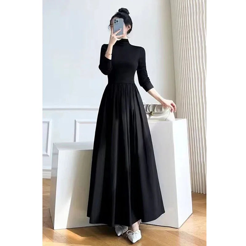 Black A-Line Dress French Style Long Sleeve Midi Dress