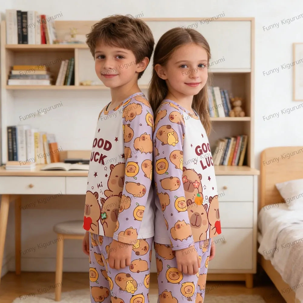Kids Cartoon Pajama Set Capibara Long Sleeve Sleepwear