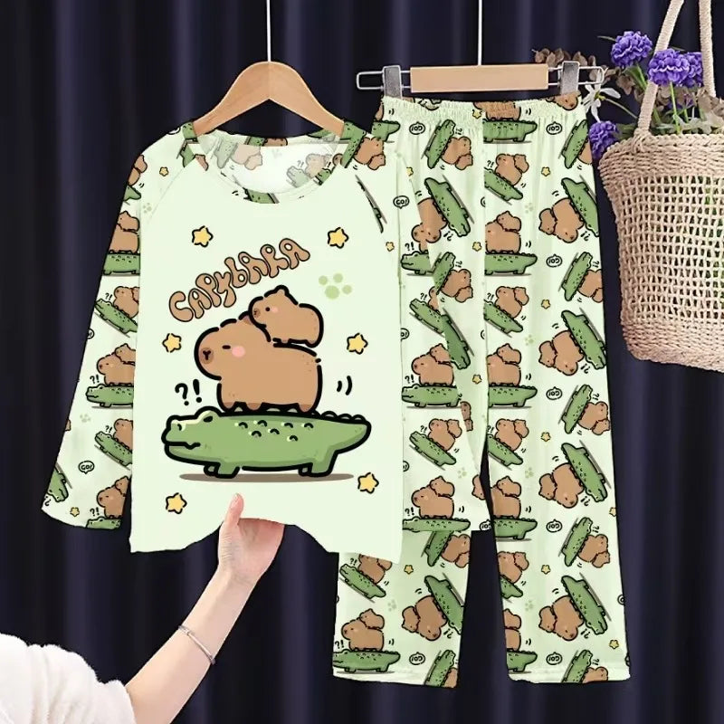 Kids Cartoon Pajama Set Capibara Long Sleeve Sleepwear