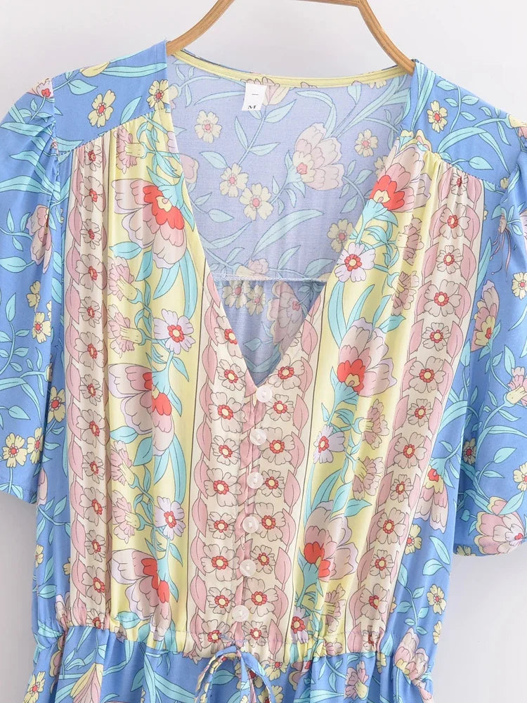 Bohemian Maxi Dress Floral Print Tie Neck Beach Dress