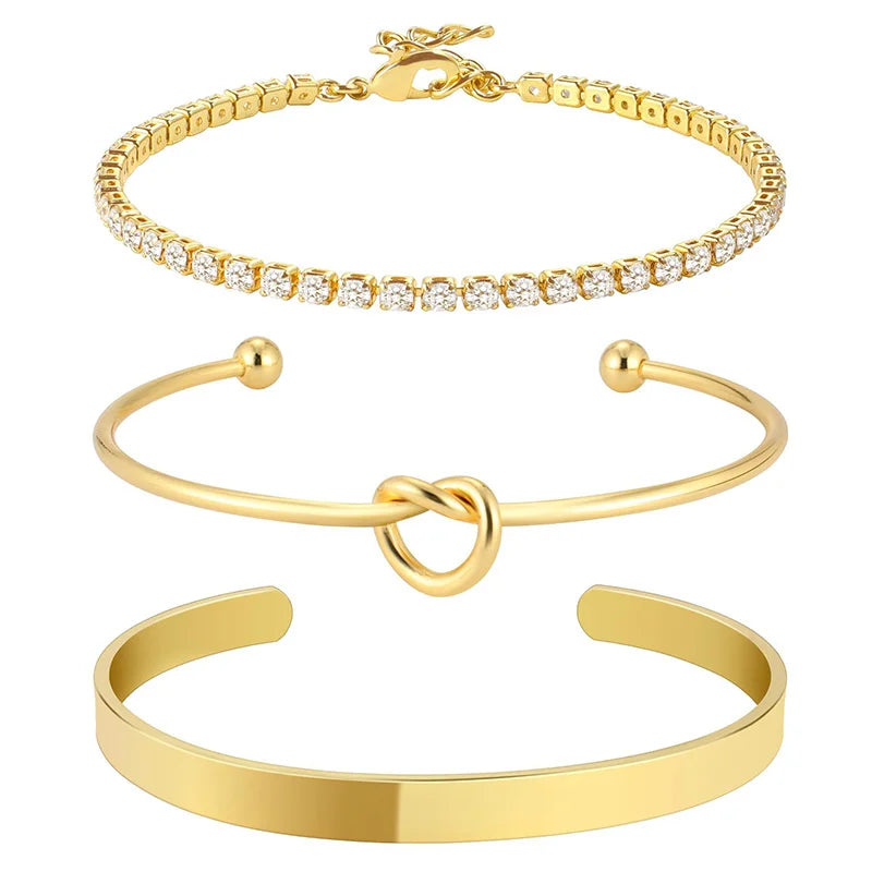Gold Plated Bracelets 3pcs Stainless Steel Zircon Bangles