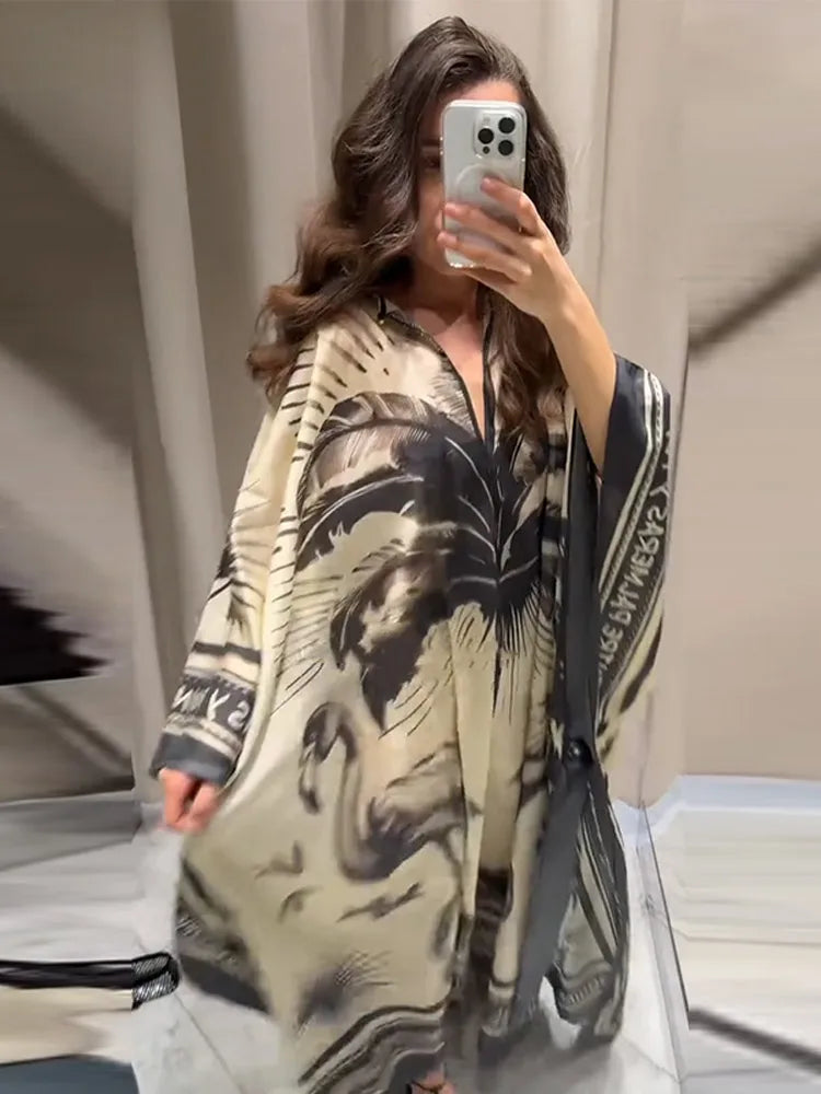 Floral Maxi Dress Oversize V-Neck Beach Dress for Women