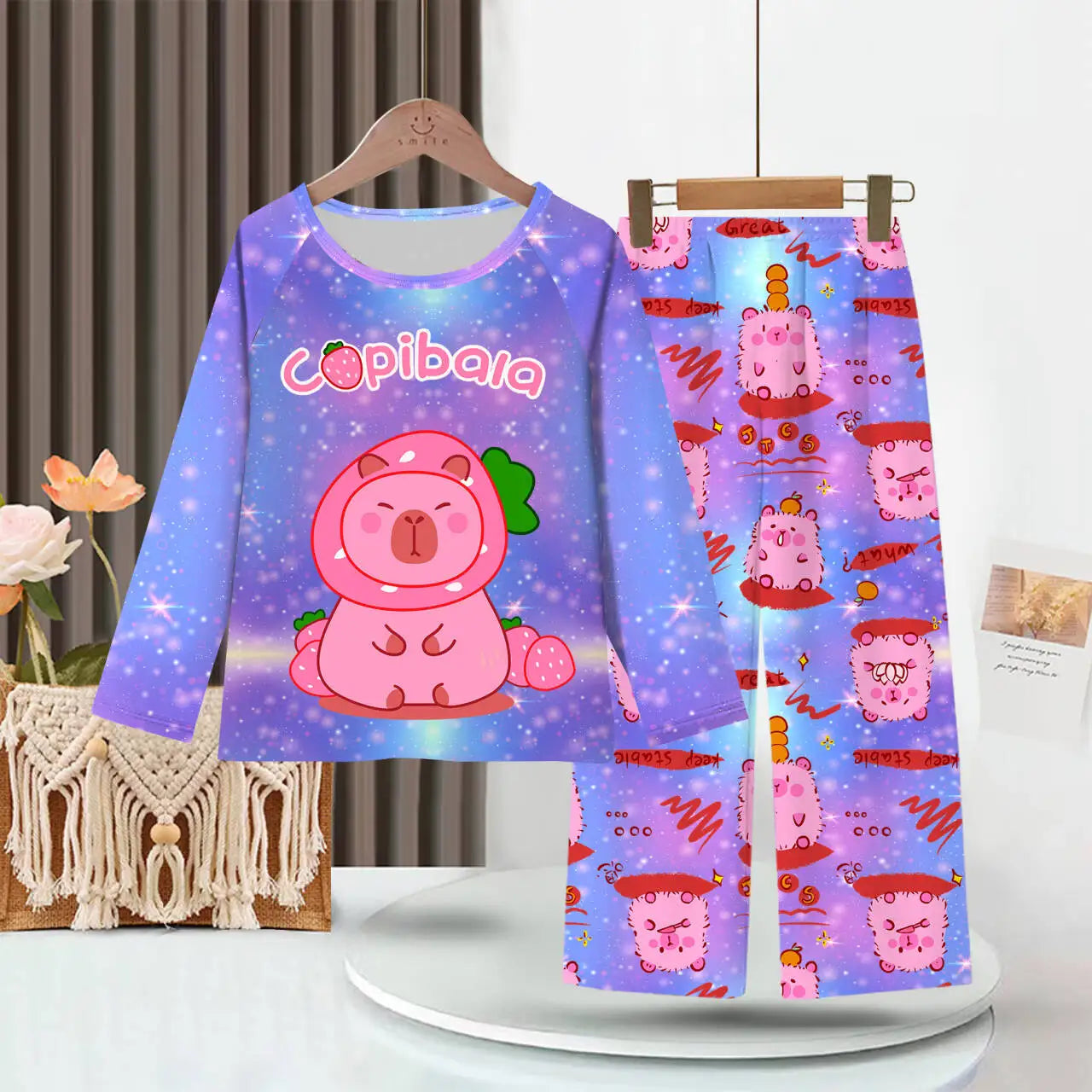 Kids Cartoon Pajama Set Capibara Long Sleeve Sleepwear