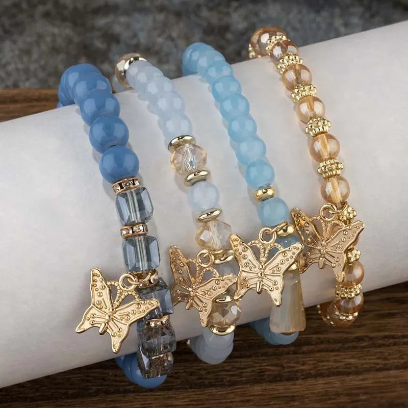 Butterfly Beaded Bracelet Set 4Pcs Pink Acrylic Beads for Women