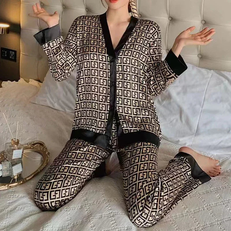 Faux Silk Pajama Set Long Sleeve Elegant Sleepwear
