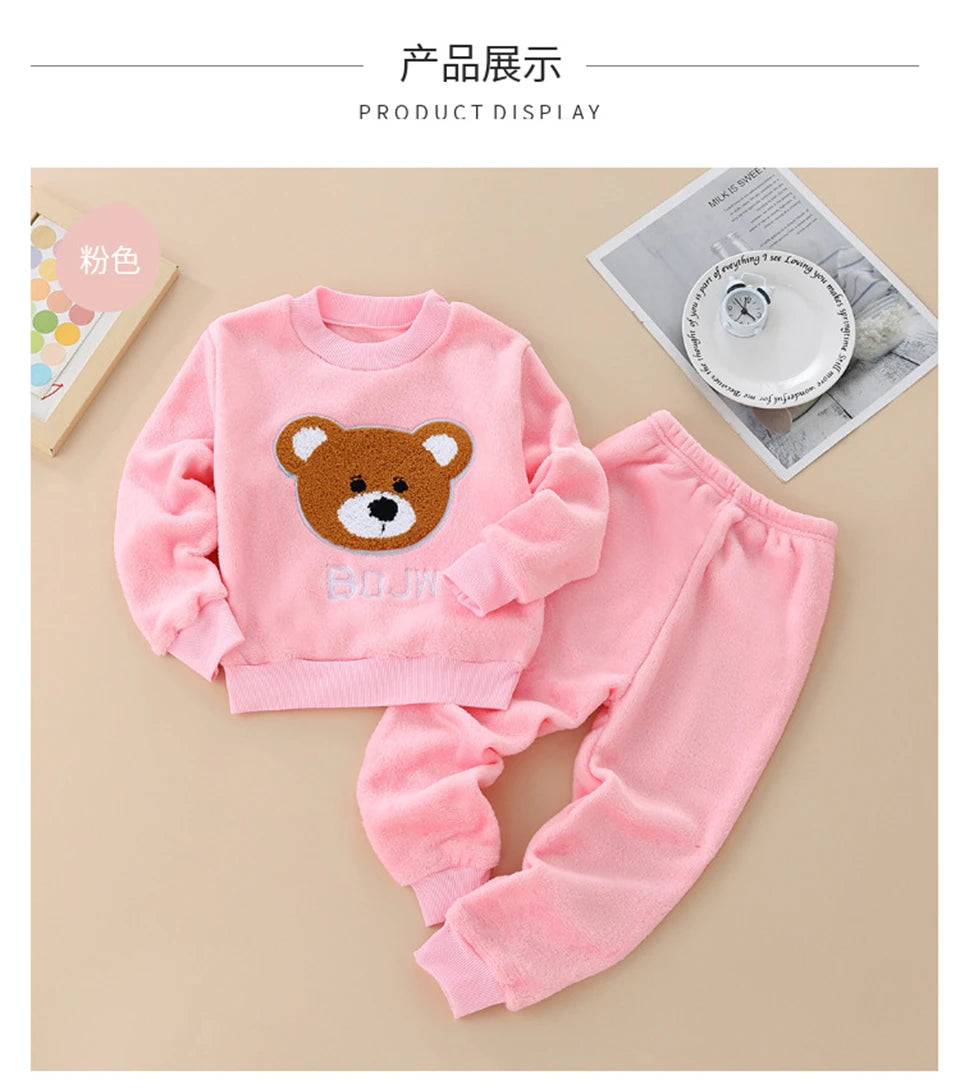 Kids Flannel Pajamas 2Pcs Warm Coral Fleece Sleepwear