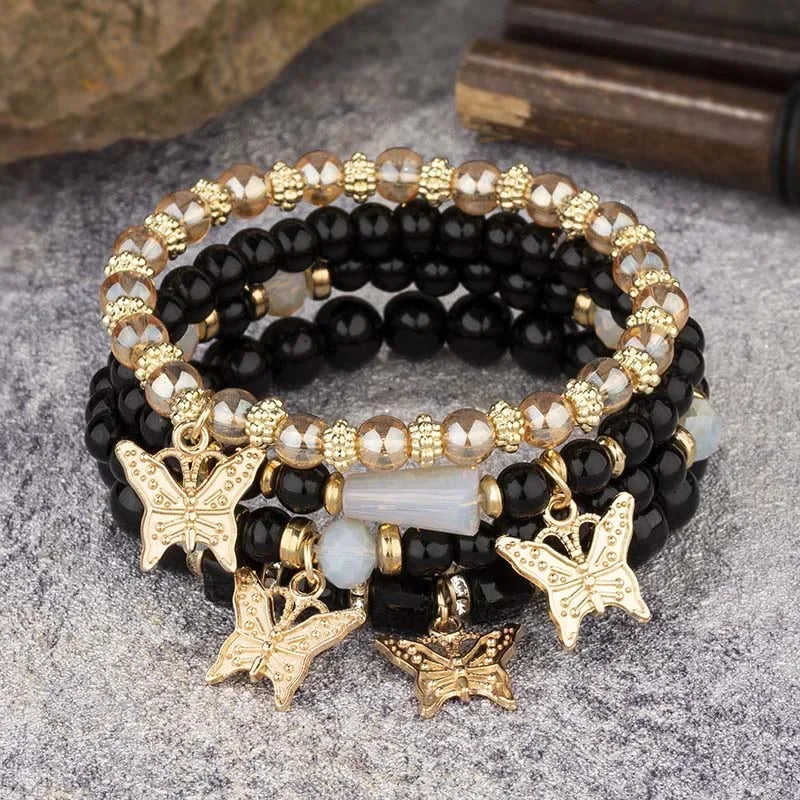 Butterfly Beaded Bracelet Set 4Pcs Pink Acrylic Beads for Women