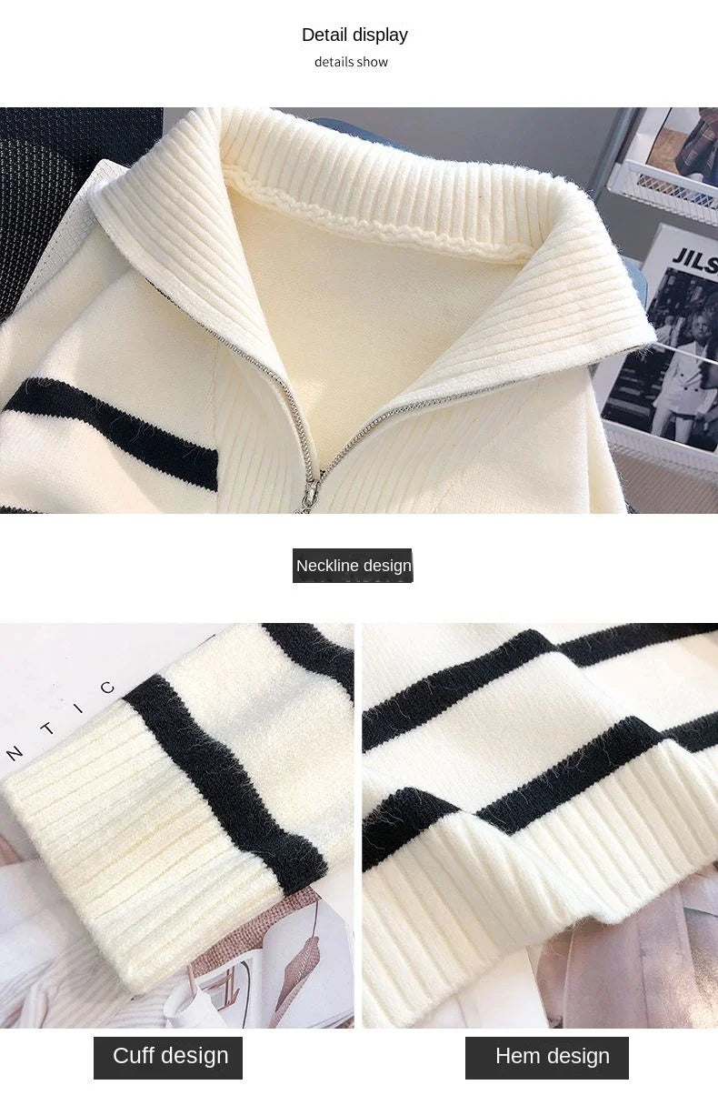 Women Pullover Sweater Zipper Stripe Short Style Top