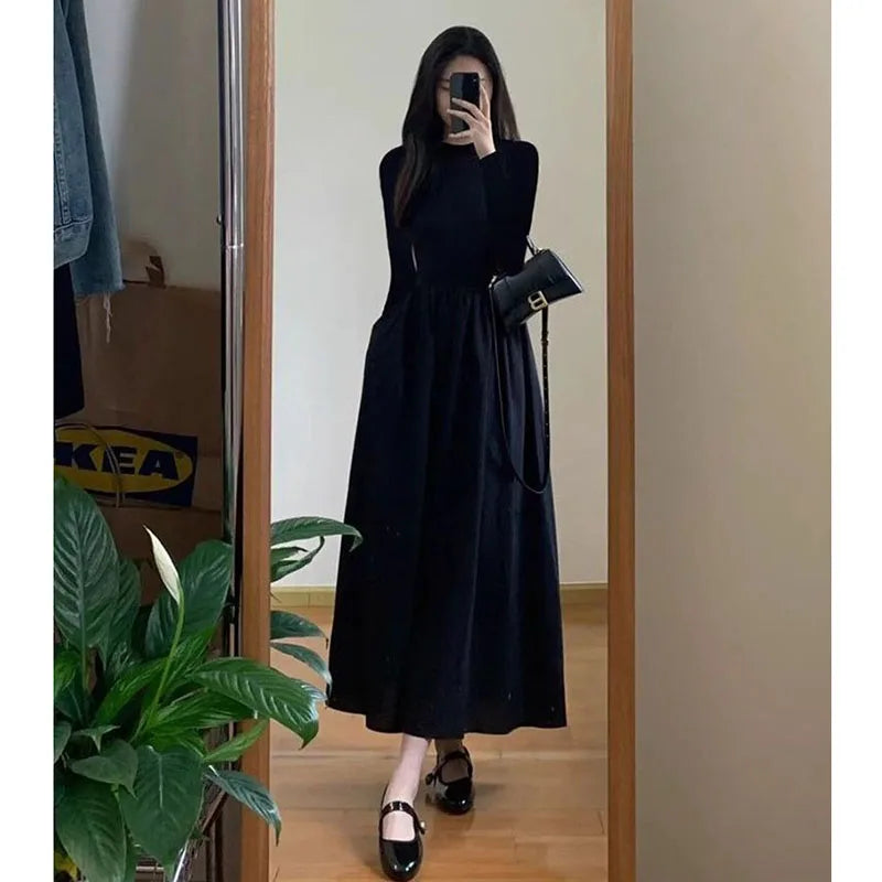 Black A-Line Dress French Style Long Sleeve Midi Dress