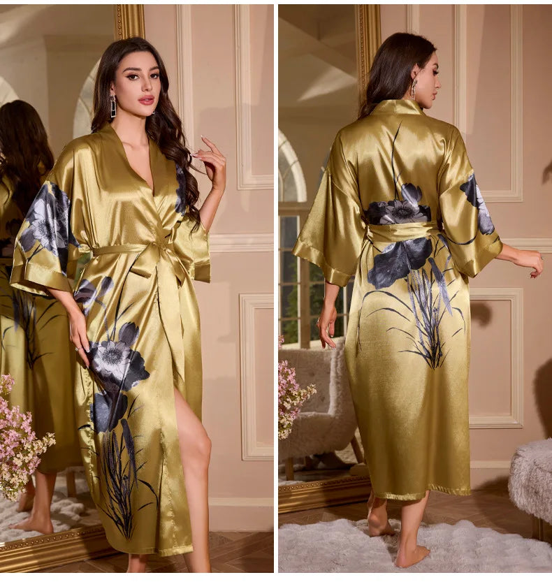 Satin Kimono Robe Chinese Style Long Bathrobe for Women