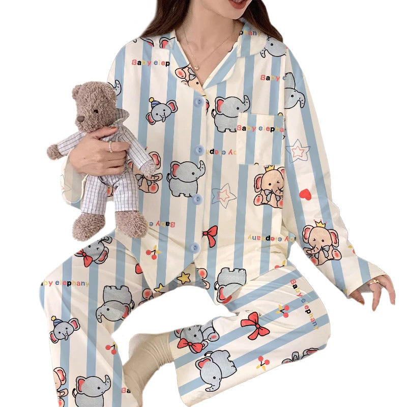 Elephant Pajama Set Cute Long Sleeve Sleepwear for Women