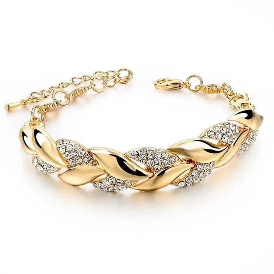 Luxury Braided Leaf Bracelet with Crystal Charm for Women