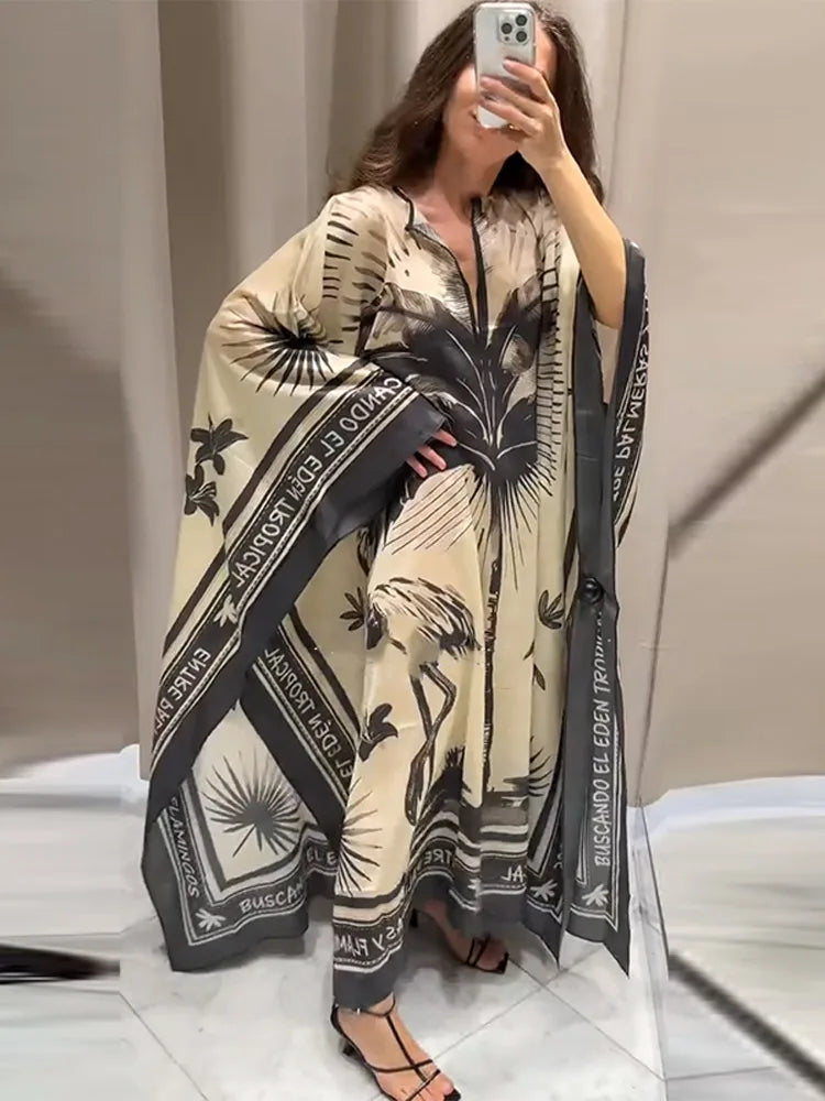Floral Maxi Dress Oversize V-Neck Beach Dress for Women