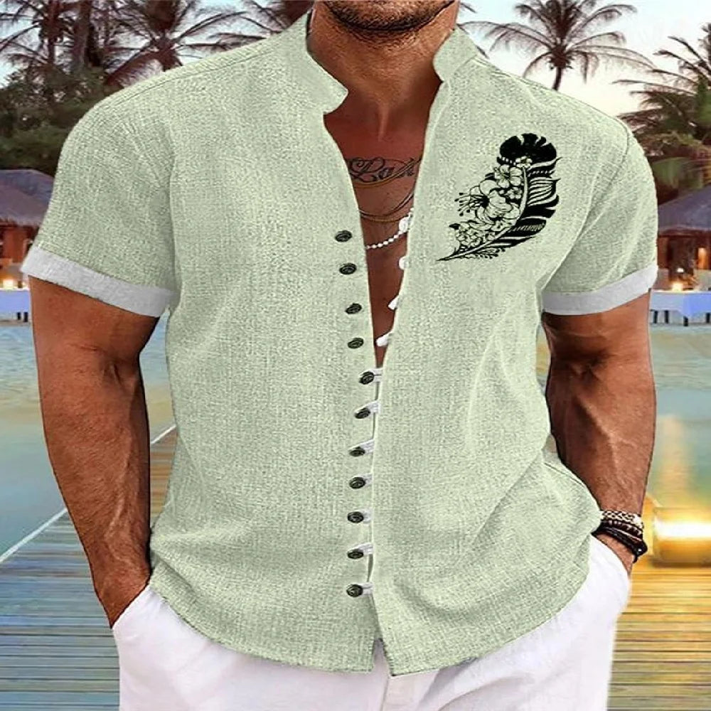 Men Linen Shirt Short Sleeve Retro Ethnic Print Shirt