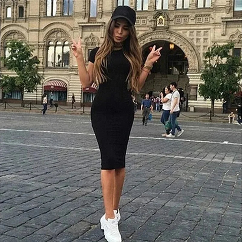 Bodycon Sheath Dress Shiny Short Sleeve Summer Dress