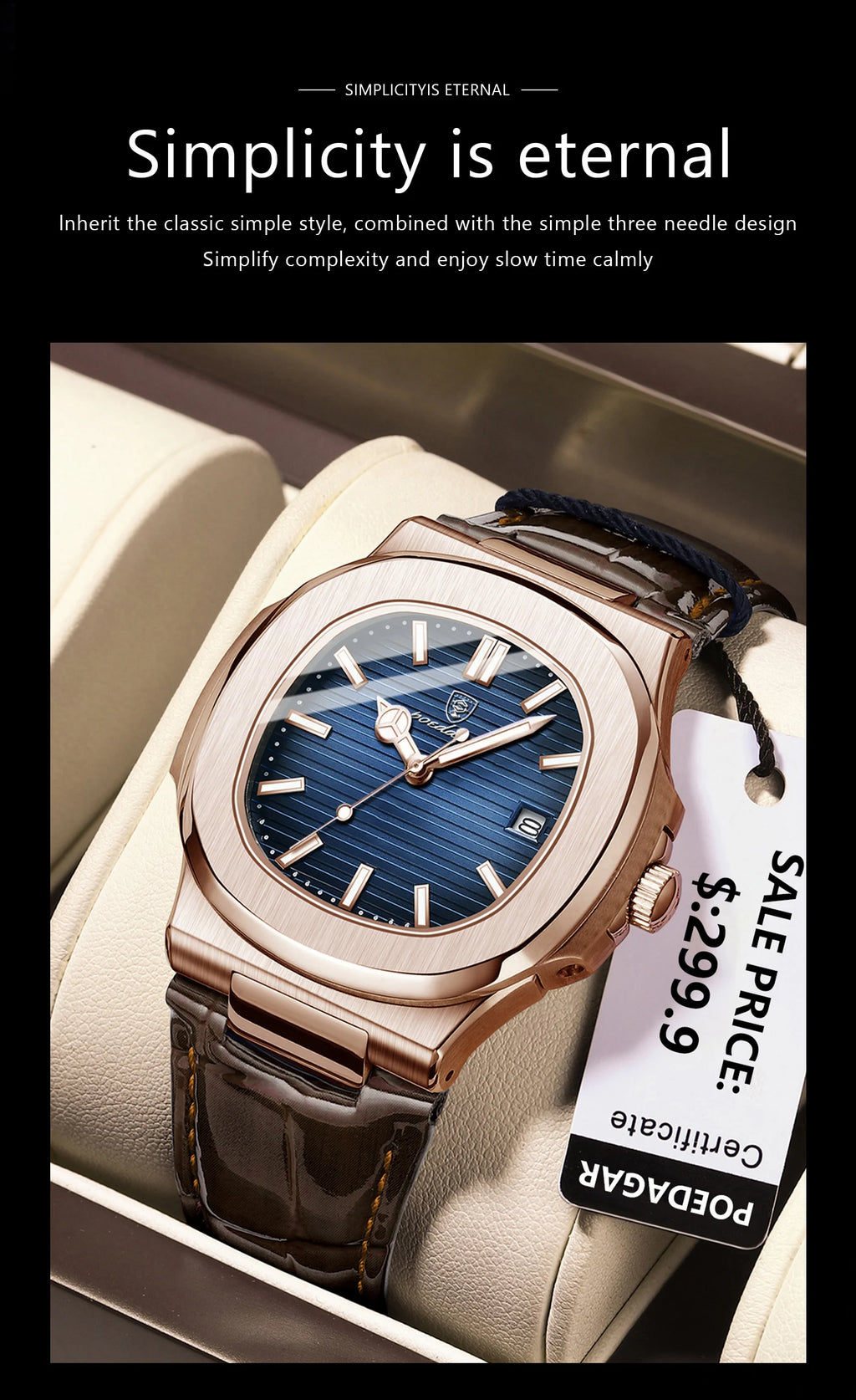 Men Leather Watch Square Waterproof Luminous Quartz Watch