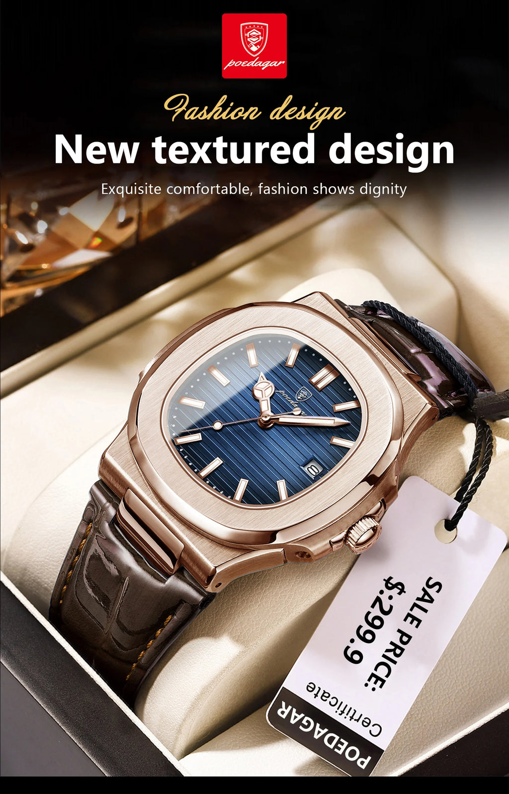 Men Leather Watch Square Waterproof Luminous Quartz Watch
