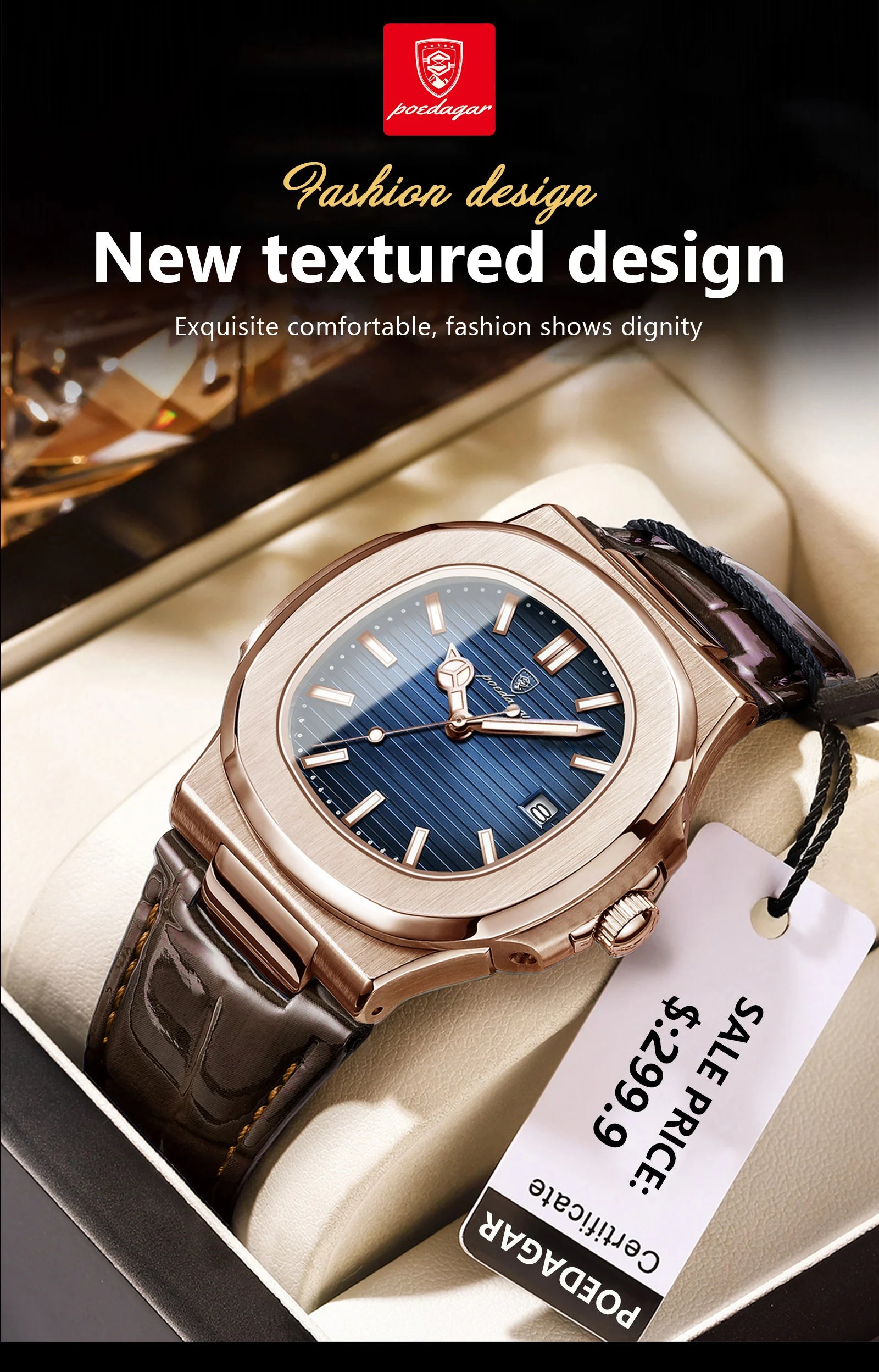Men Leather Watch Square Waterproof Luminous Quartz Watch