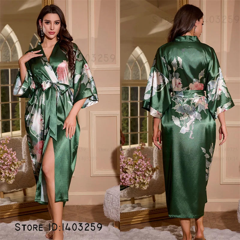 Satin Kimono Robe Chinese Style Long Bathrobe for Women