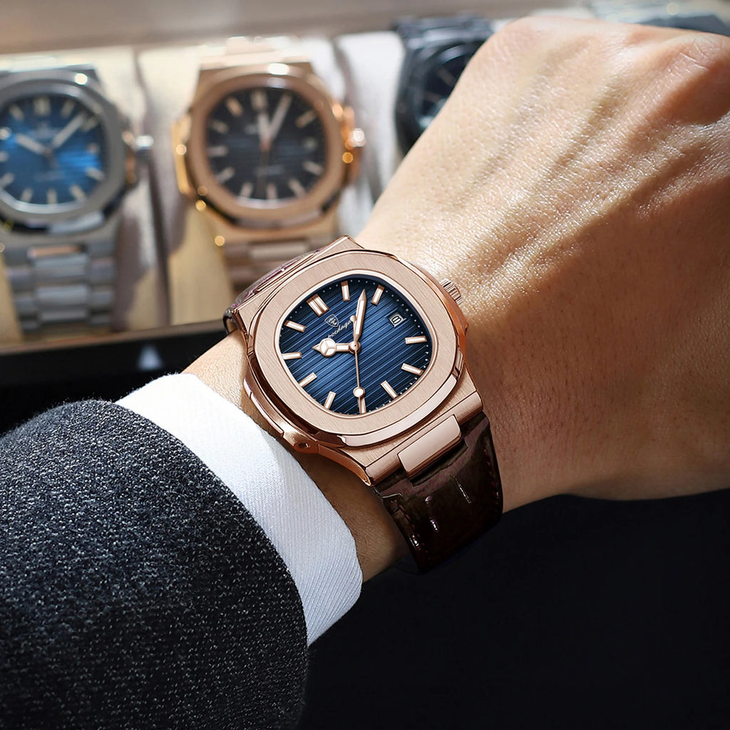 Men Leather Watch Square Waterproof Luminous Quartz Watch