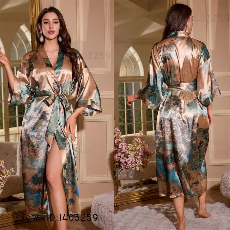 Satin Kimono Robe Chinese Style Long Bathrobe for Women