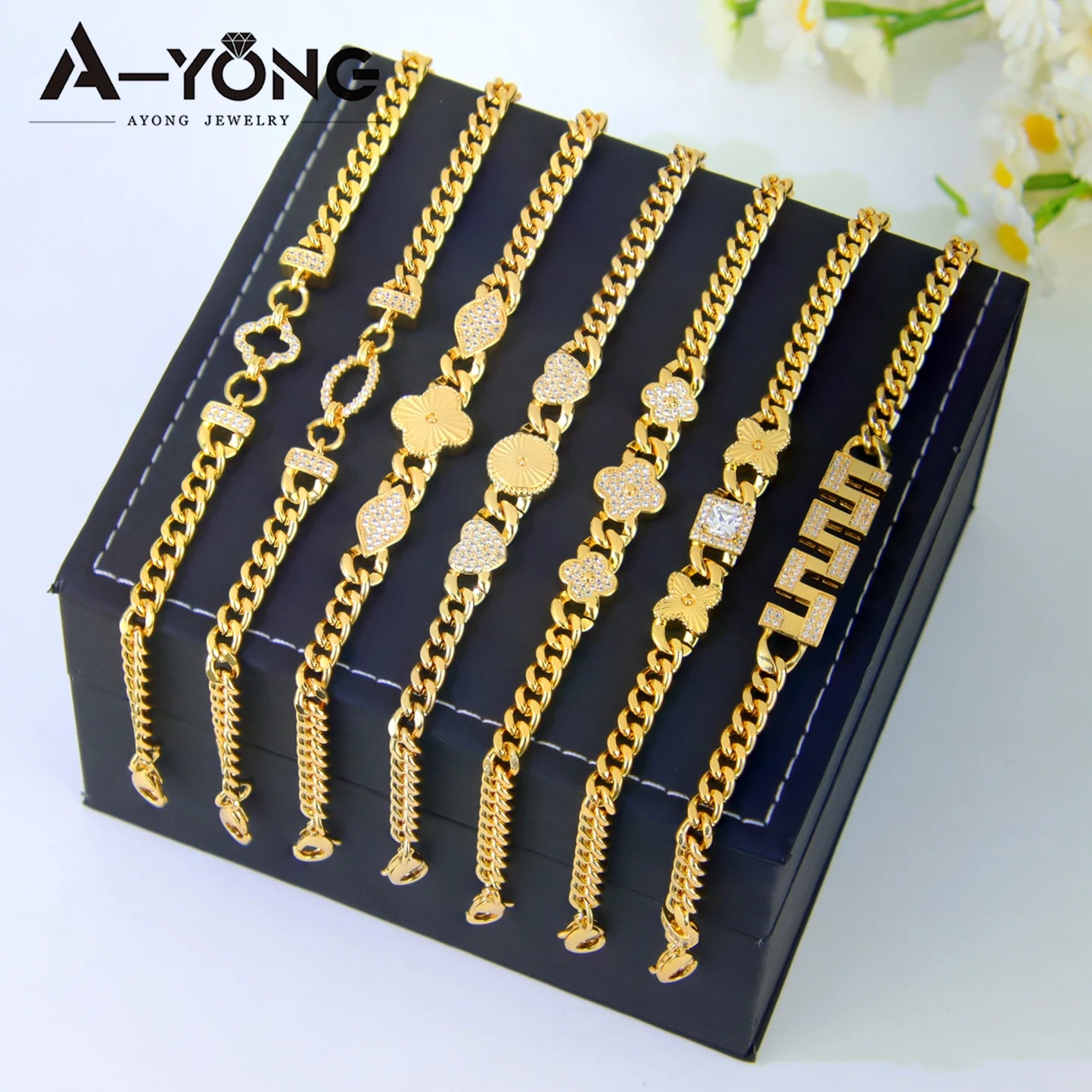 Dubai Fashion Bracelet 21K Gold Plated Zirconia Cuban Chain