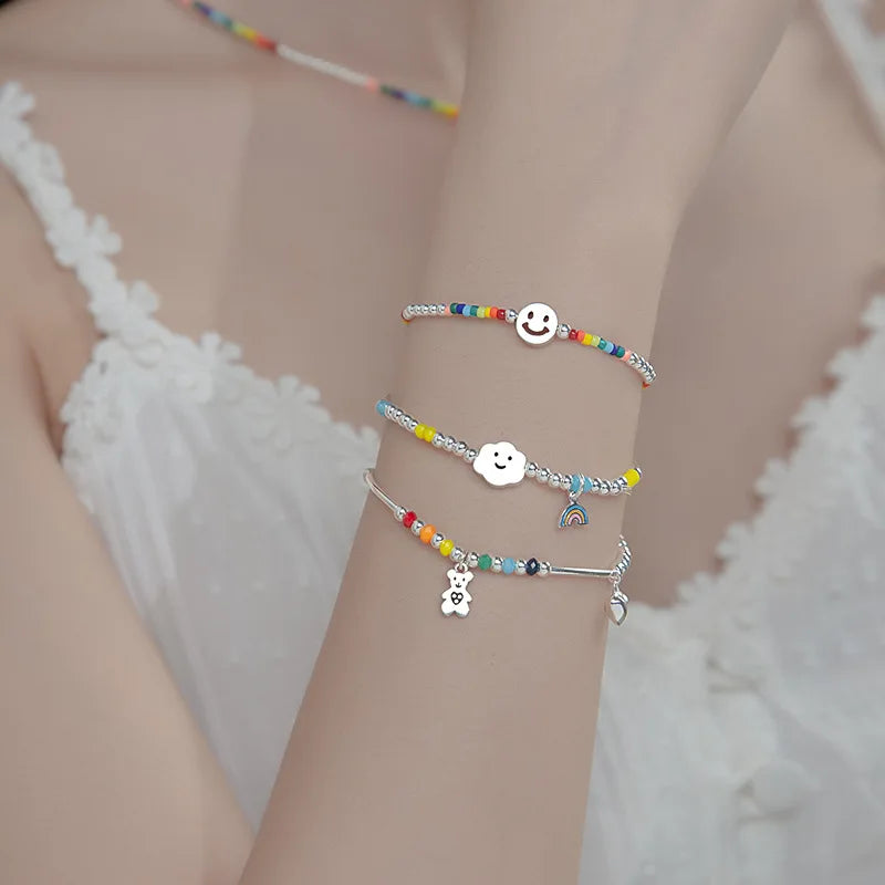 Sterling Silver Bracelet with Colorful Handmade Beads