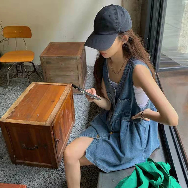 Denim Mini Dress Sleeveless A-Line Korean Style Dress