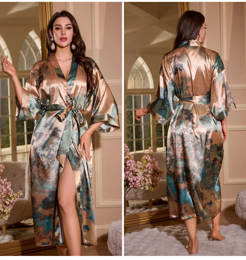 Satin Kimono Robe Chinese Style Long Bathrobe for Women