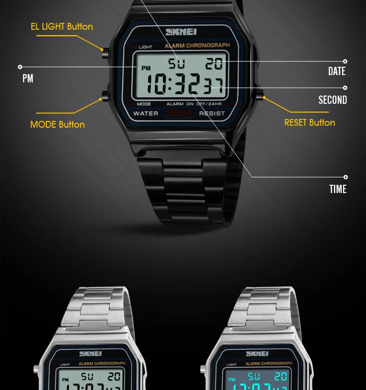 Sport Digital Wristwatch for Men Stainless Steel Waterproof Watch