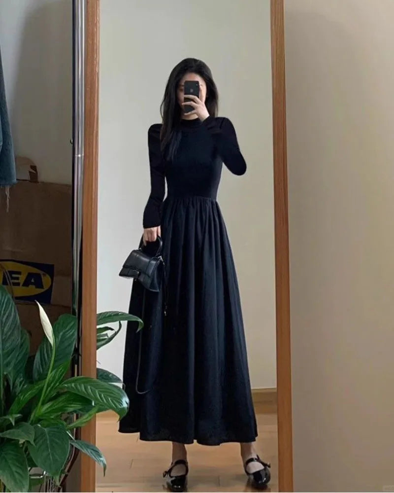 Black A-Line Dress French Style Long Sleeve Midi Dress