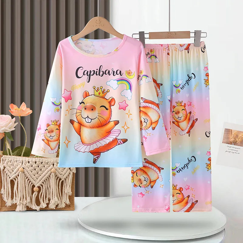 Kids Cartoon Pajama Set Capibara Long Sleeve Sleepwear