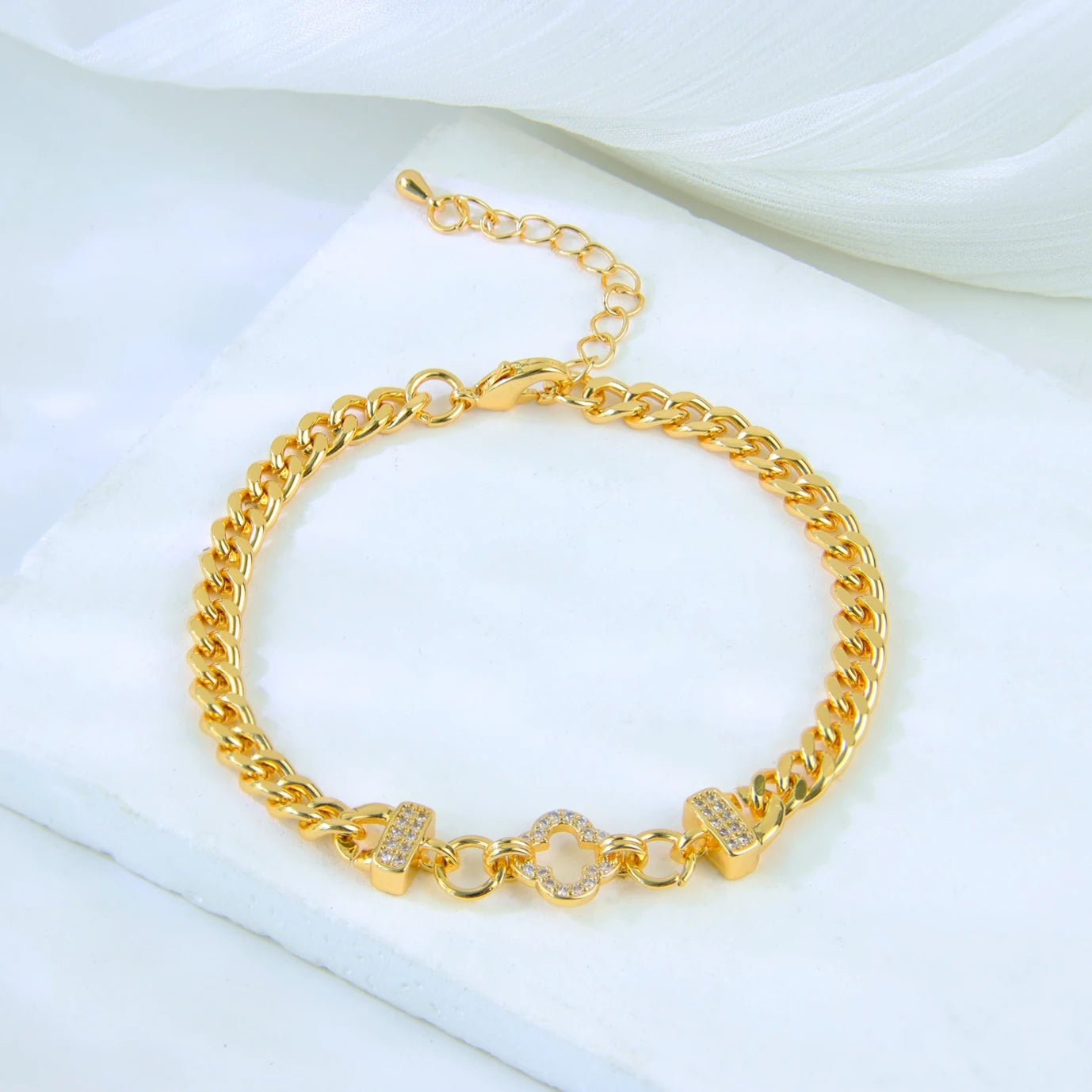 Dubai Fashion Bracelet 21K Gold Plated Zirconia Cuban Chain