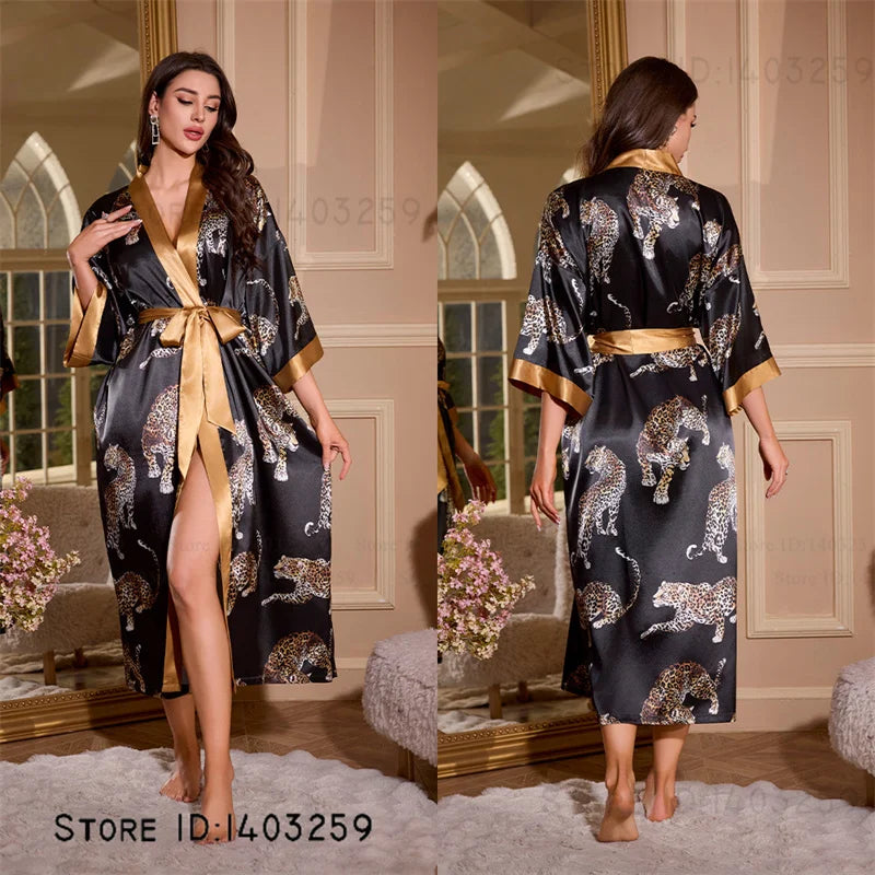 Satin Kimono Robe Chinese Style Long Bathrobe for Women