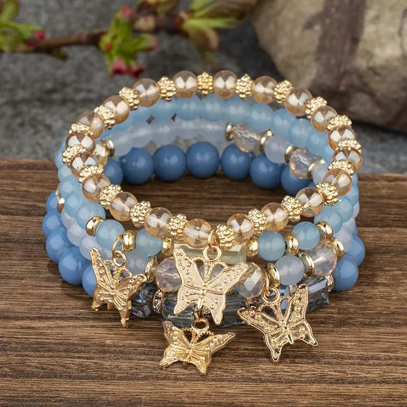 Butterfly Beaded Bracelet Set 4Pcs Pink Acrylic Beads for Women