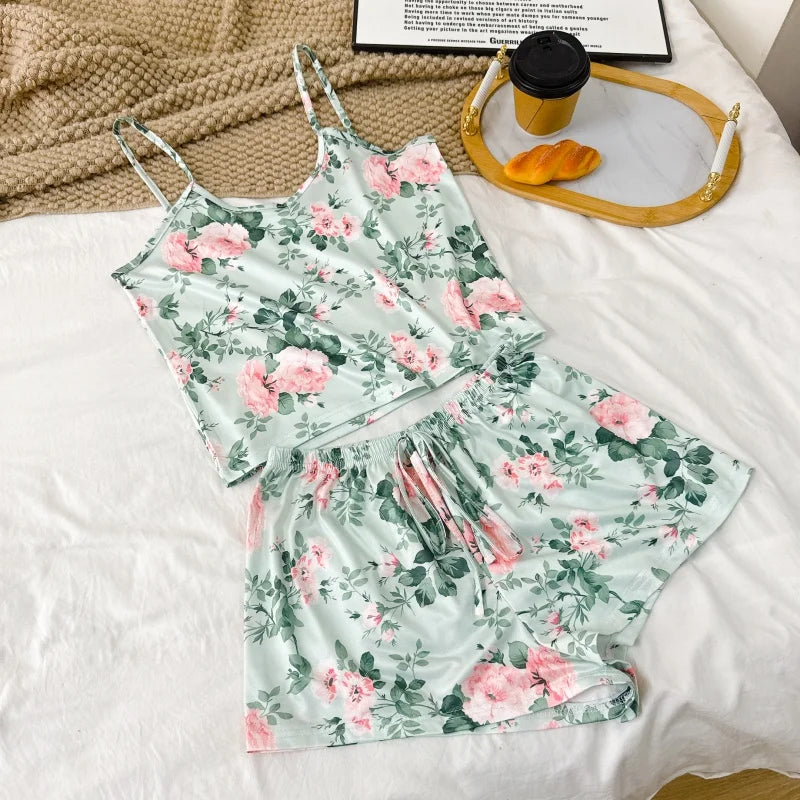 Printed Cami Pajama Set Sleeveless Top and Shorts Sleepwear