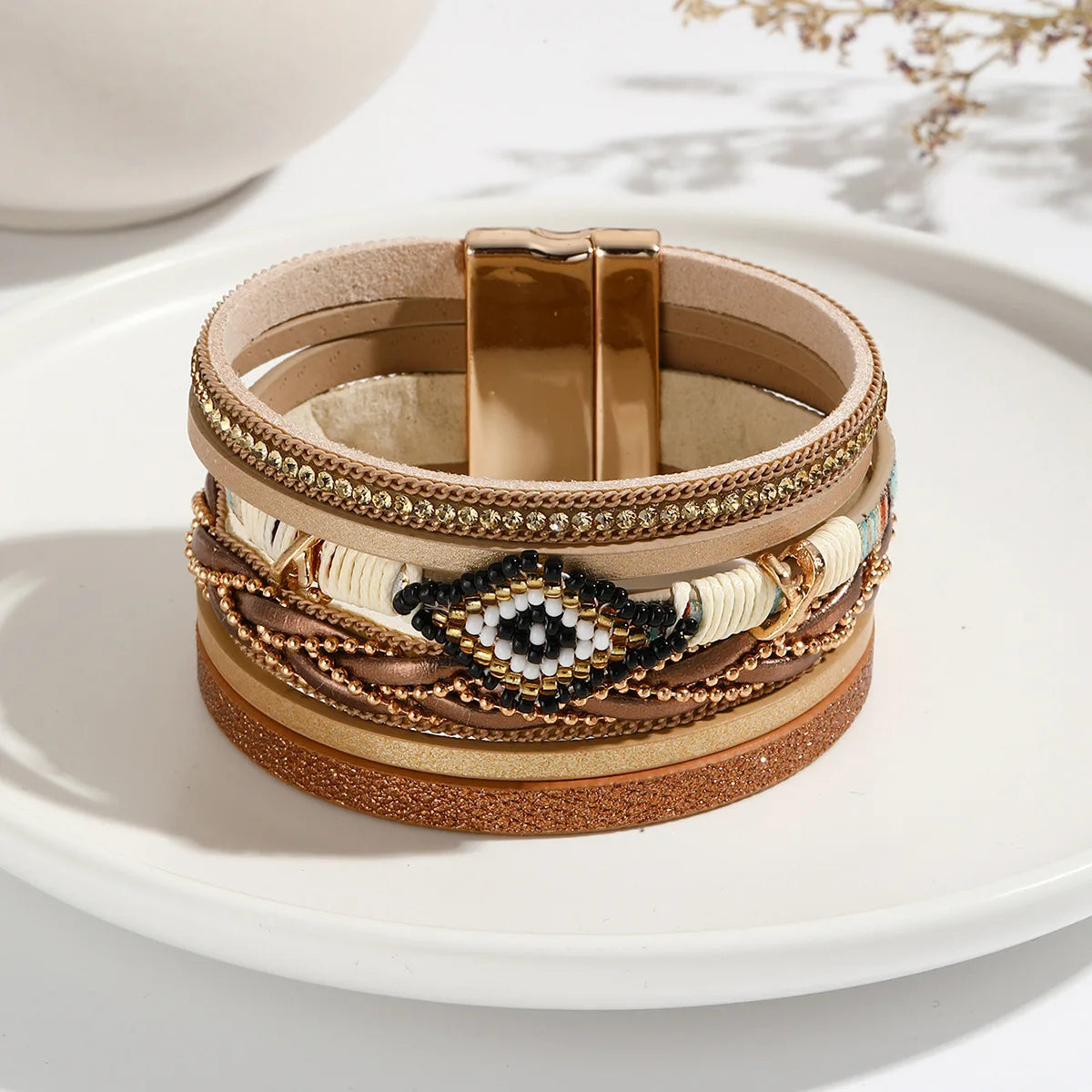 Leather Bracelet for Women Multilayer Handwoven Magnetic Bangle