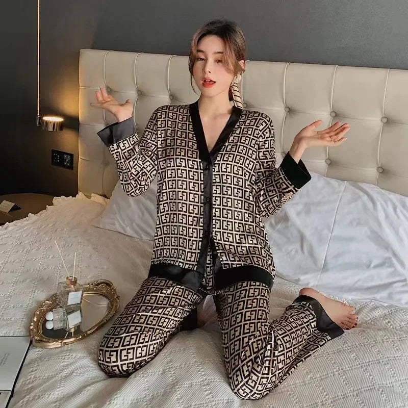 Faux Silk Pajama Set Long Sleeve Elegant Sleepwear