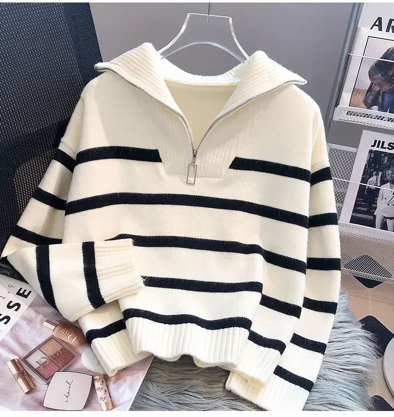 Women Pullover Sweater Zipper Stripe Short Style Top