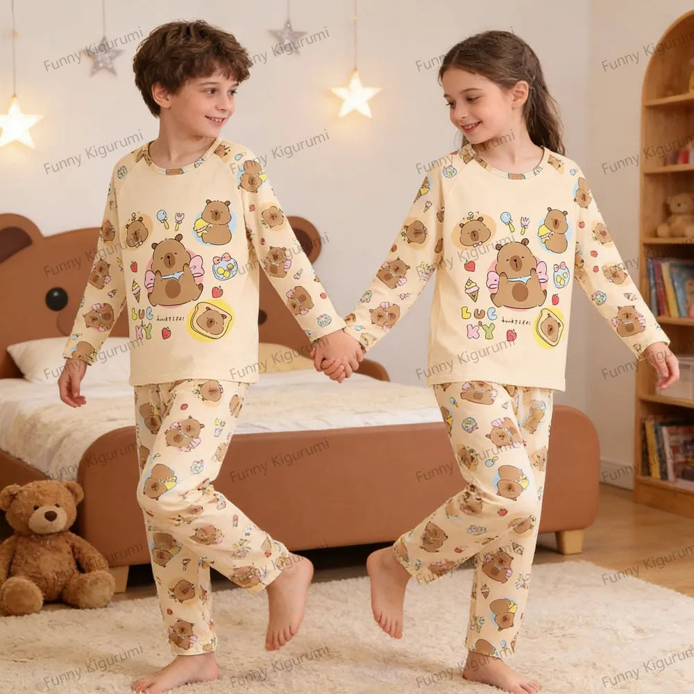 Kids Cartoon Pajama Set Capibara Long Sleeve Sleepwear
