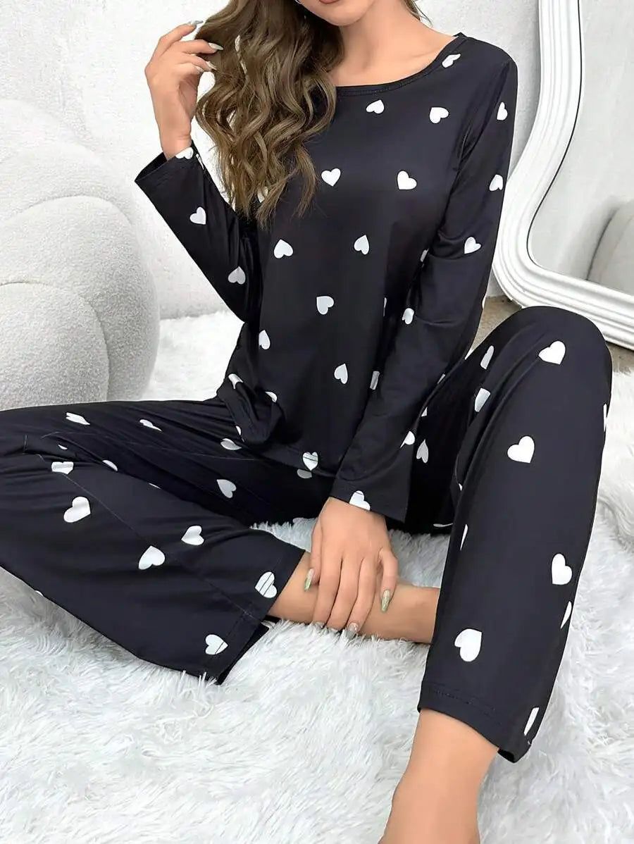 Women Pajamas Set Love Print Long Sleeve Sleepwear
