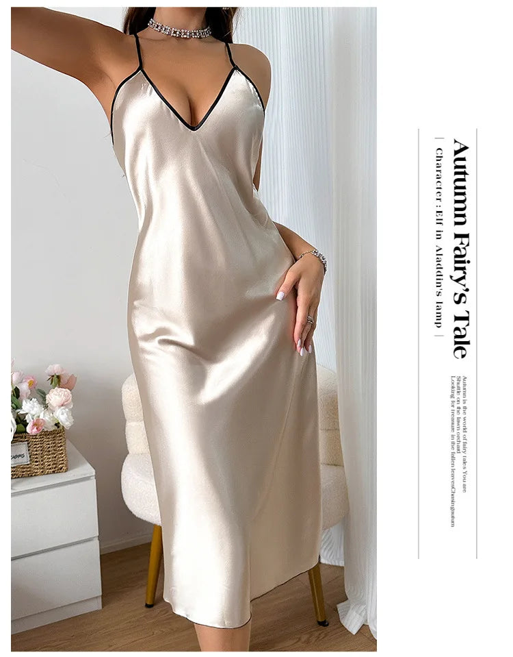 Satin Nightdress Backless Long Chemise Sleepwear