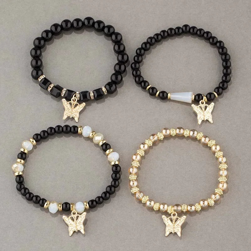 Butterfly Beaded Bracelet Set 4Pcs Pink Acrylic Beads for Women