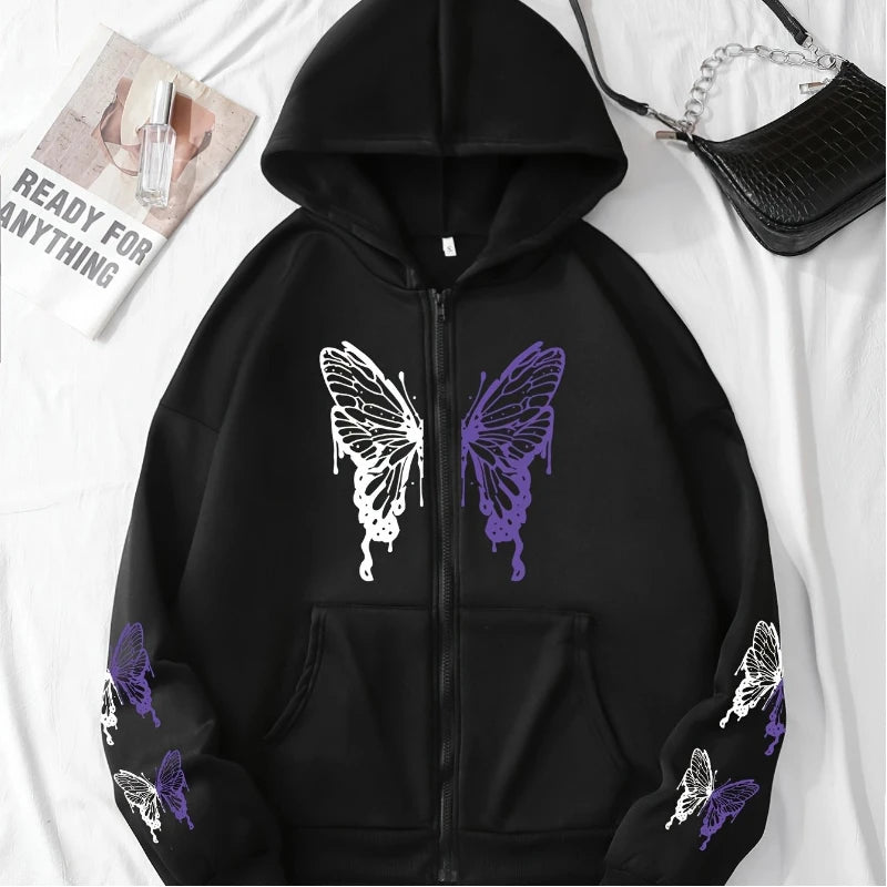 Butterfly Zipper Hoodie Women Purple Graphic Fleece Coat